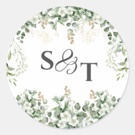 シルバーつる植物モノグラムの：ボタニカルステッカー ラウンドシール