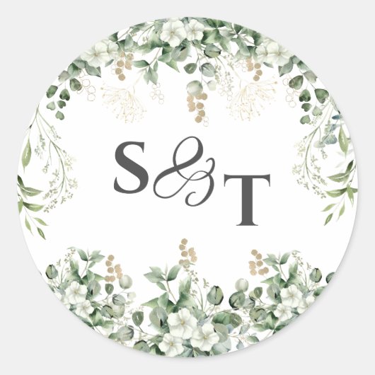 シルバーつる植物モノグラムの：ボタニカルステッカー ラウンドシール (正面)