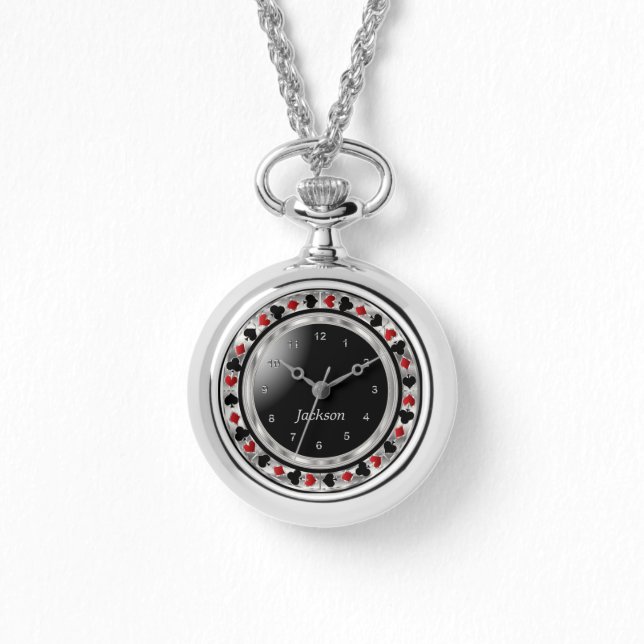 シルバーでトランプのポーカープレーヤーゲームをパーソナライズ 腕時計 (正面)