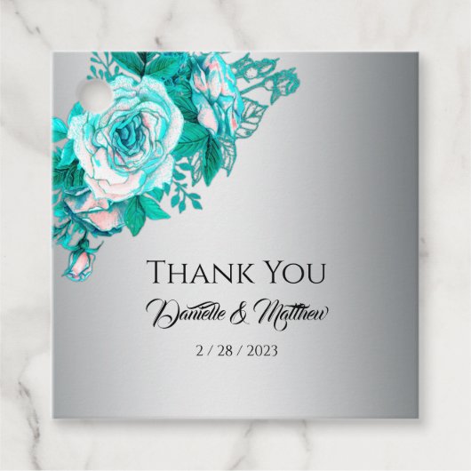 シルバーとアクアのバラ結婚ズ・サンキュー フェイバータグ (正面)