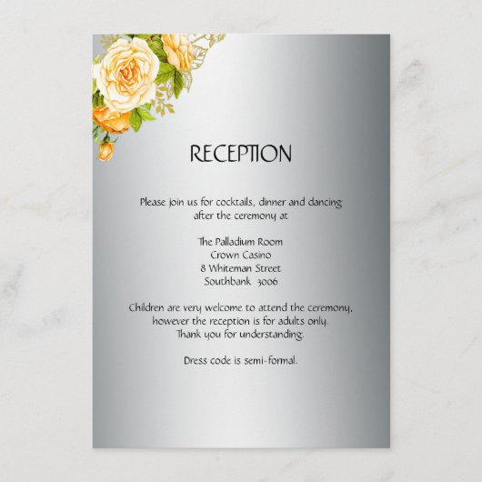 シルバーとイエローローズウェディングレセプションカード エンクロージャーカード (正面)