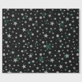 シルバーとグリーンのグリッター星とドット ラッピングペーパー (フラット)