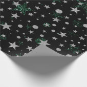 シルバーとグリーンのグリッター星とドット ラッピングペーパー (角)