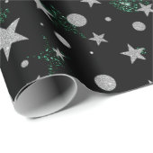 シルバーとグリーンのグリッター星とドット ラッピングペーパー (ロールコーナー)