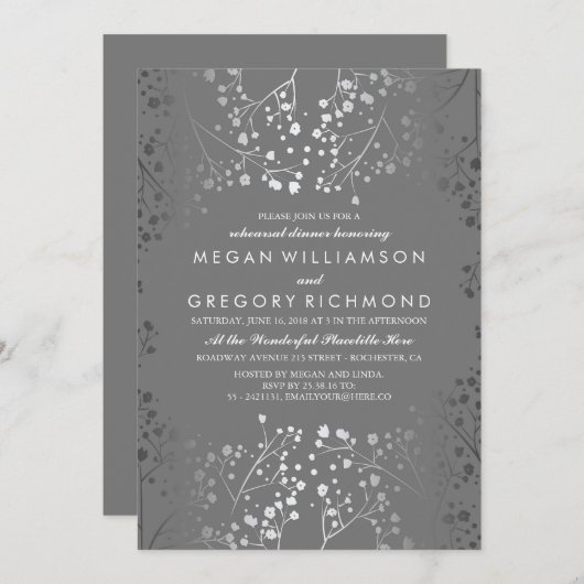 シルバーとグレーの赤ちゃんの息のリハーサルディナー 招待状 (正面/裏面)