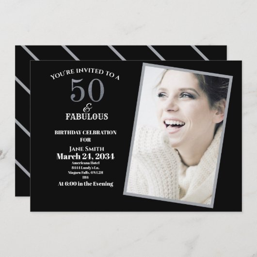 シルバーとグレー50thと素晴らしい誕生日パーティー 招待状 (正面/裏面)