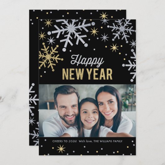シルバーとゴールドのスパークル写真 新年 シーズンカード (正面/裏面)