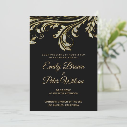シルバーとゴールドのダイヤモンドが渦巻くウェディング 招待状 (スタンド正面)