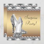 シルバーとゴールドの女性のサプライズ誕生日パーティー 招待状 (正面/裏面)