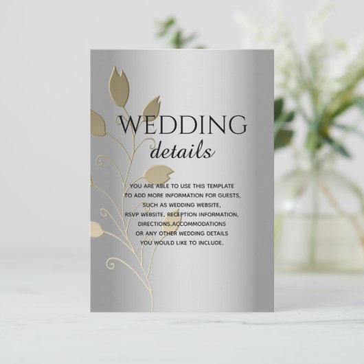 シルバーとゴールドの箔押し花柄 ウェディング詳細カード 招待状 (スタンド正面)