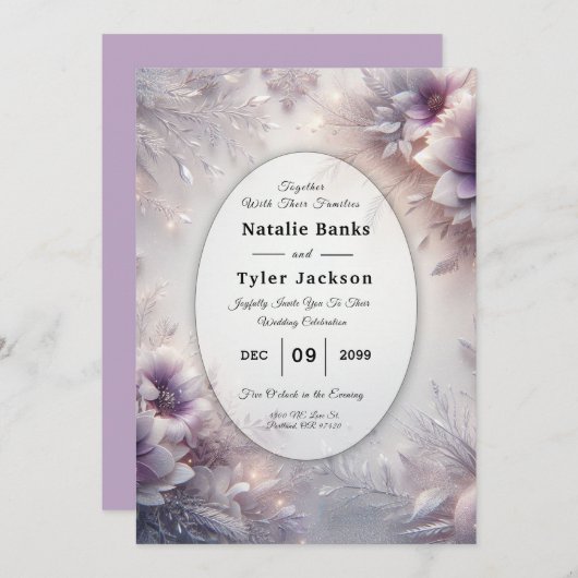 シルバーとソフトアメジスト冬の開花結婚ズ 招待状 (正面/裏面)