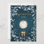 シルバーとターコイズブルーのミッドナイト・エレガントな新年会 招待状 (正面)