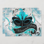 シルバーとターコイズブルーの仮面パーティー 招待状 (正面/裏面)