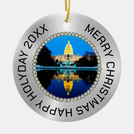 シルバーとダイヤモンドの写真フレームUS Capital セラミックオーナメント (正面)