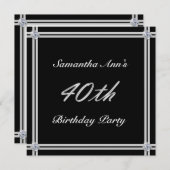 シルバーとダイヤモンドオンブラック、40歳誕生日パーティー 招待状 (正面/裏面)