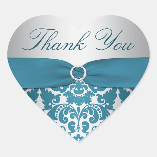 シルバーとティール(緑がかった色)ダマスクありがとうステッカー ハートシール (正面)