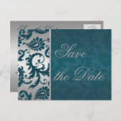 シルバーとティール(緑がかった色)ダマスク日付はがきを保存 案内ポストカード (正面/裏面)
