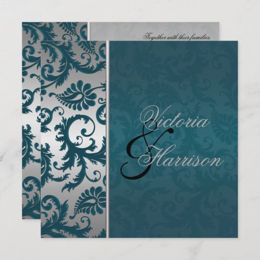 シルバーとティール（緑がかった色）ダマスクII結婚式招待状 招待状 (正面/裏面)