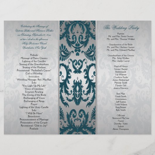 シルバーとティール(緑がかった色)ダマスクII結婚式 プログラム (裏面)