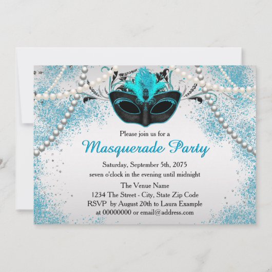シルバーとティール(緑がかった色)ブルーの仮装パーティー 招待状 (裏面)
