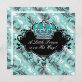 シルバーとティール（緑がかった色）ブループリンス男の赤ちゃんシャワー 招待状 (正面/裏面)