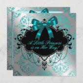 シルバーとティール（緑がかった色）ブループリンセスベビーガールシャワー 招待状 (正面/裏面)