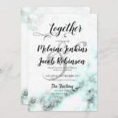 シルバーとティール(緑がかった色)マーブルエレガントウェディング招待状 招待状 (正面/裏面)