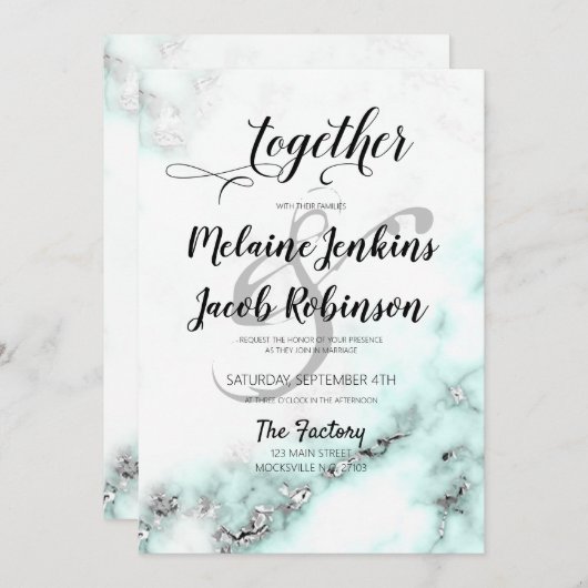 シルバーとティール（緑がかった色）マーブルエレガントウェディング招待状 招待状 (正面/裏面)