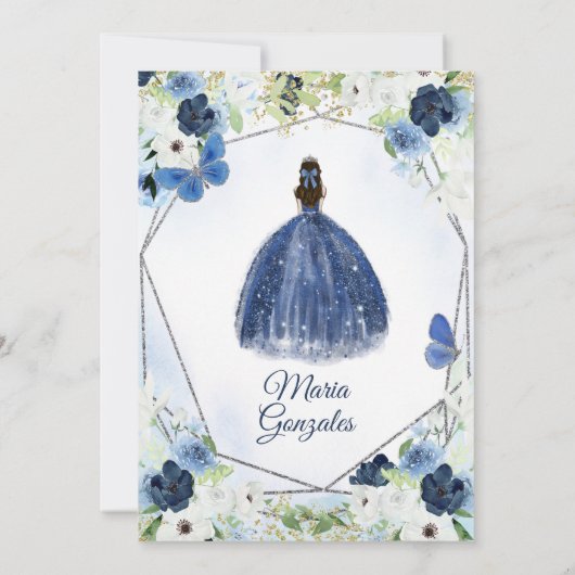 シルバーとネイビーのメキシコ人少女スウィート16th 招待状 (裏面)