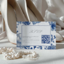シルバーとネイビーブルーの結婚式QRコードRSVPカード