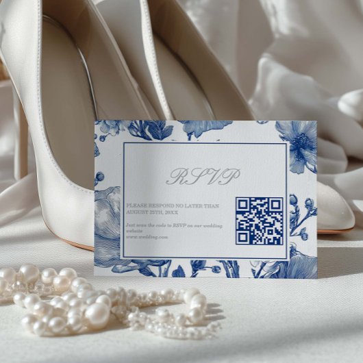 シルバーとネイビーブルーの結婚式QRコードRSVPカード 出欠カード