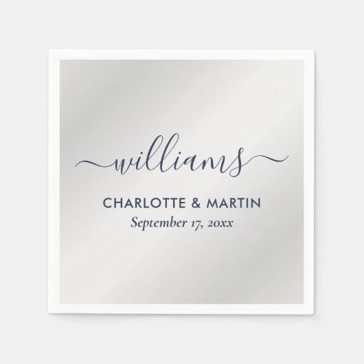 シルバーとネイビー結婚ブルー スタンダードカクテルナプキン (正面)