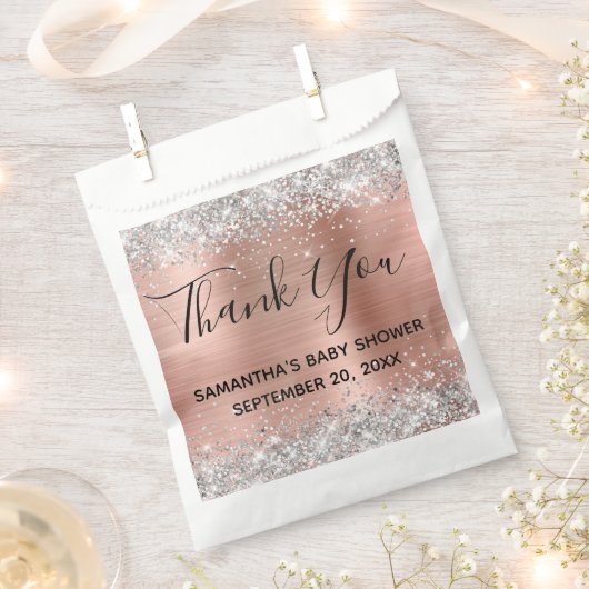 シルバーとバラゴールドフォイル赤ちゃんシャワーありがとう フェイバーバッグ (クリップ留めされた状態)