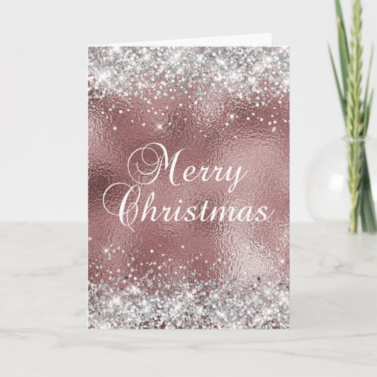 シルバーとバラ金ゴールドスパークリー箔メリークリスマス カード (正面)