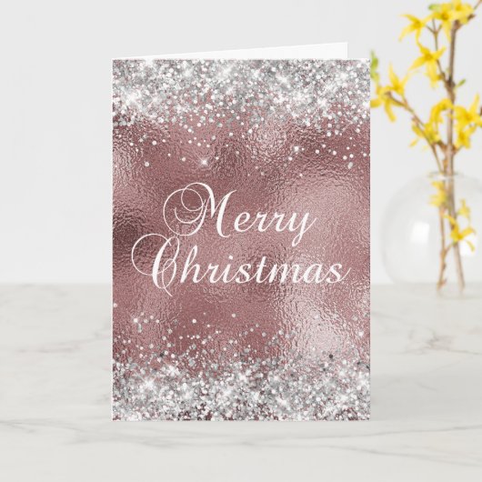 シルバーとバラ金ゴールドスパークリー箔メリークリスマス カード (黄色い花)