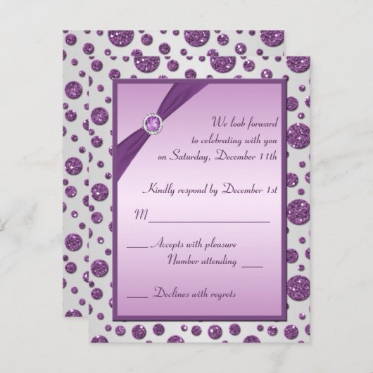 シルバーとパープルのグリッター水玉模様の返信カード 招待状 (正面/裏面)