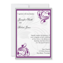 シルバーとパープルの花のハートの結婚式招待状