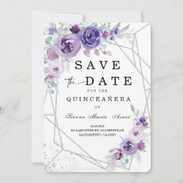 シルバーとパープルのSave the Date 15歳の誕生日会 招待状