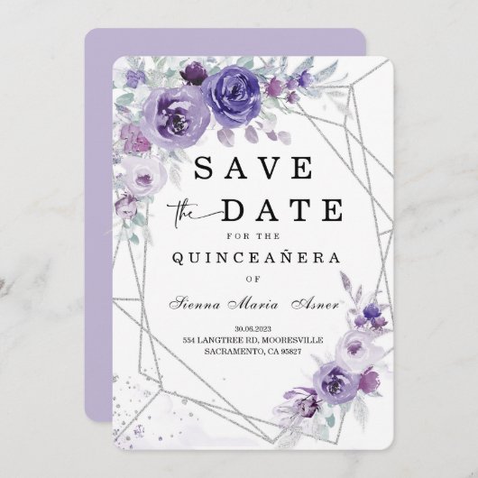 シルバーとパープルは日付を保存キンセアニラ 招待状 (正面/裏面)