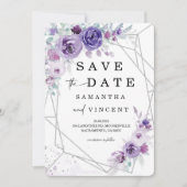 シルバーとパープル日付カードを保存 招待状 (正面)