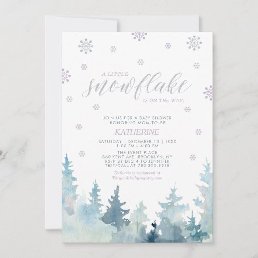 シルバーとパープル | Snowflake Winter Baby Shower 招待状 (正面)