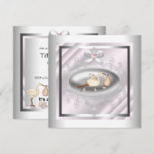 シルバーとピンクのコウテイペンギン 赤ちゃん女の子のシャワー 招待状 (正面/裏面)