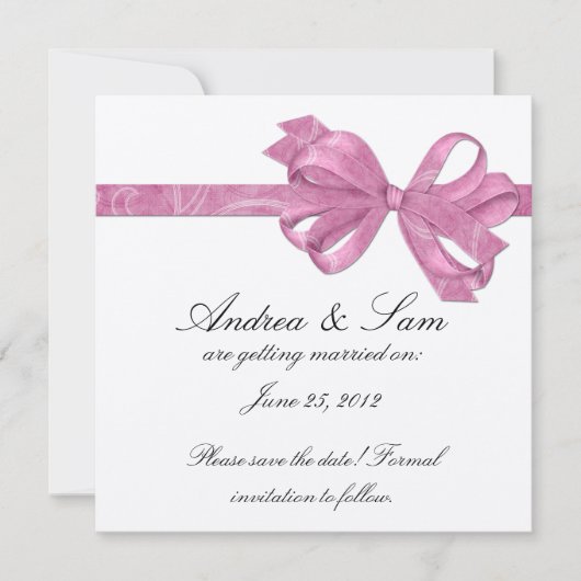 シルバーとピンクのボウリボンを保存 招待状 (正面)