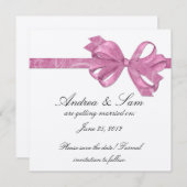 シルバーとピンクのボウリボンを保存 招待状 (正面/裏面)