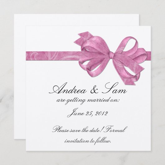 シルバーとピンクのボウリボンを保存 招待状 (正面/裏面)