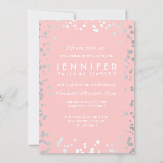 シルバーとピンクの紙吹雪ヴィンテージブライダルシャワー 招待状 (正面)