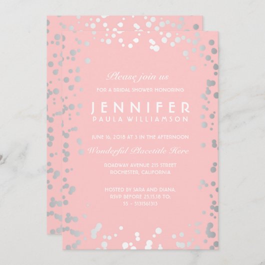 シルバーとピンクの紙吹雪ヴィンテージブライダルシャワー 招待状 (正面/裏面)