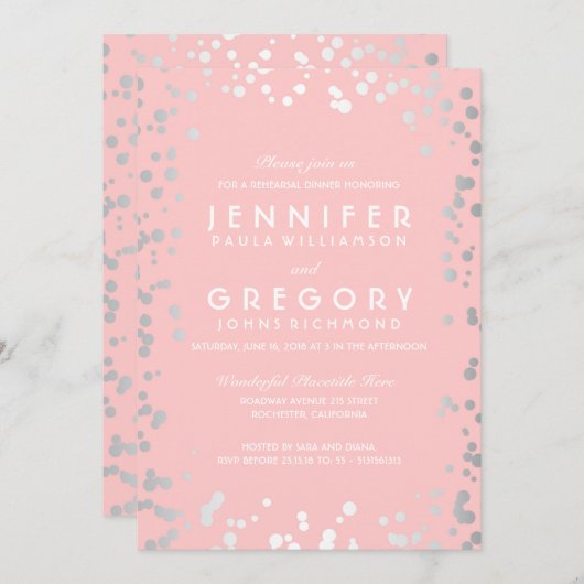 シルバーとピンクの紙吹雪ヴィンテージリハーサルディナー 招待状 (正面/裏面)