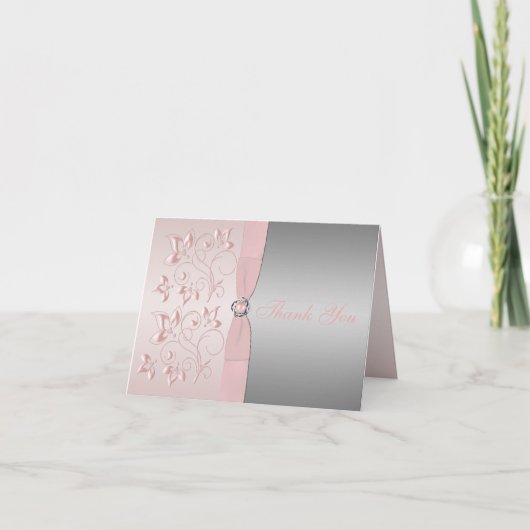 シルバーとピンクの花柄ラブノット感謝カード サンキューカード (正面)