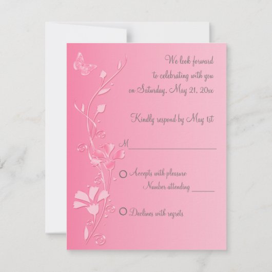 シルバーとピンクの蝶の返信カード 出欠カード (裏面)